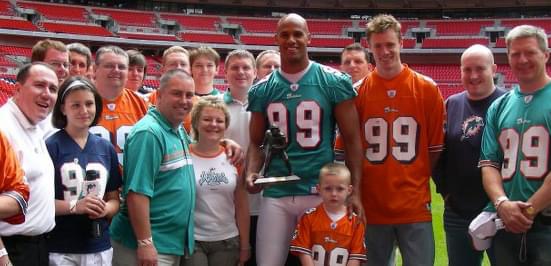 Dolfan UK fans with Dolphins players inside of the Dolphins stadium